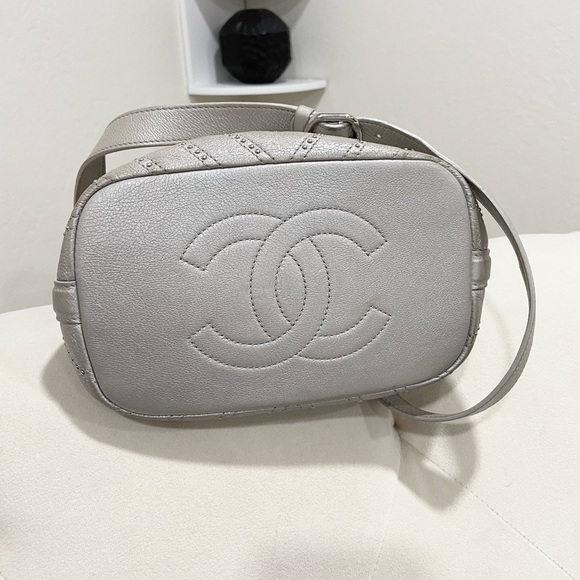 Chanel drawstring Metallic Calfskin Studded Chevron Quilted Crossbody - Picture 7 of 13